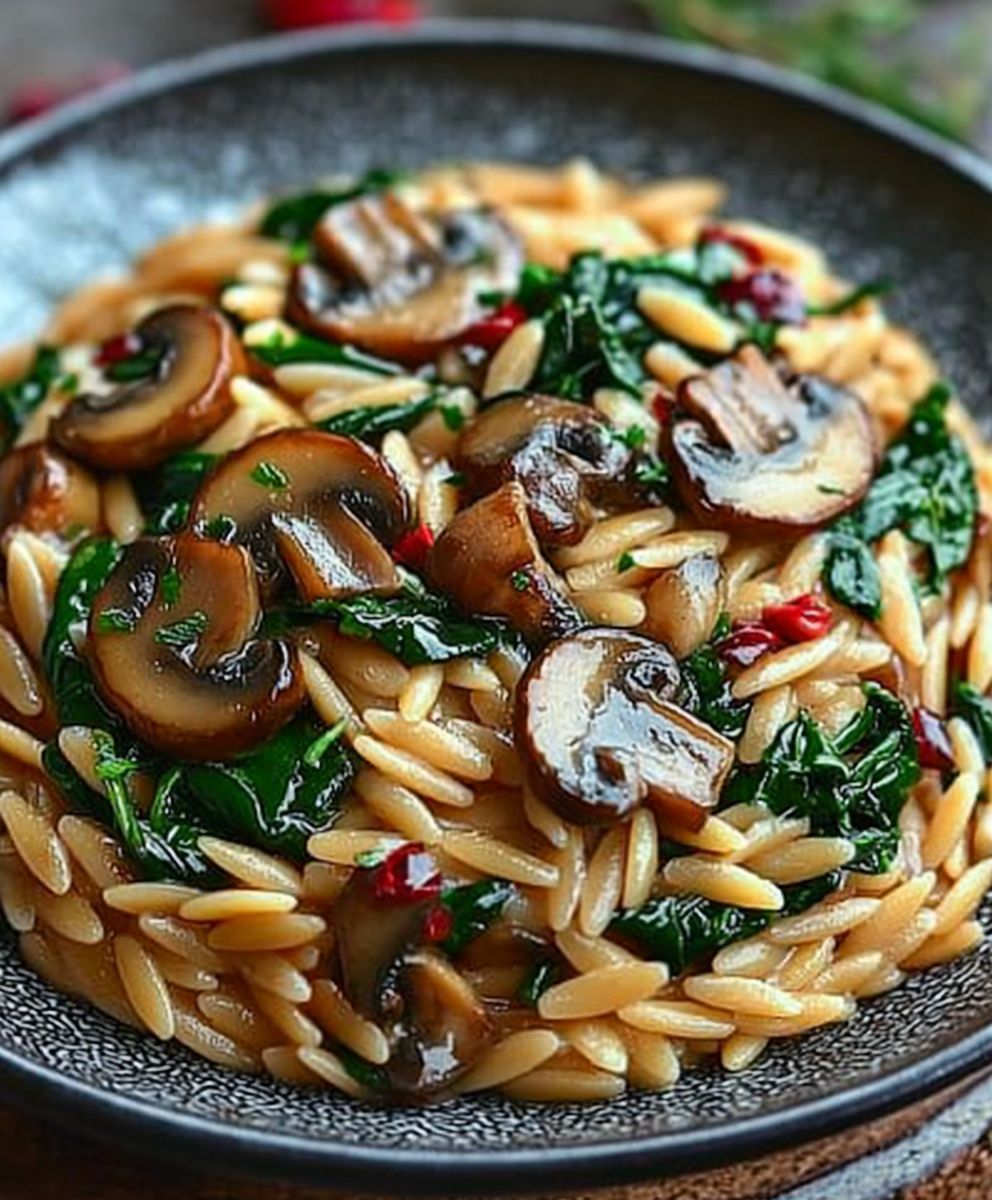Orzo pasta with mushrooms spinach