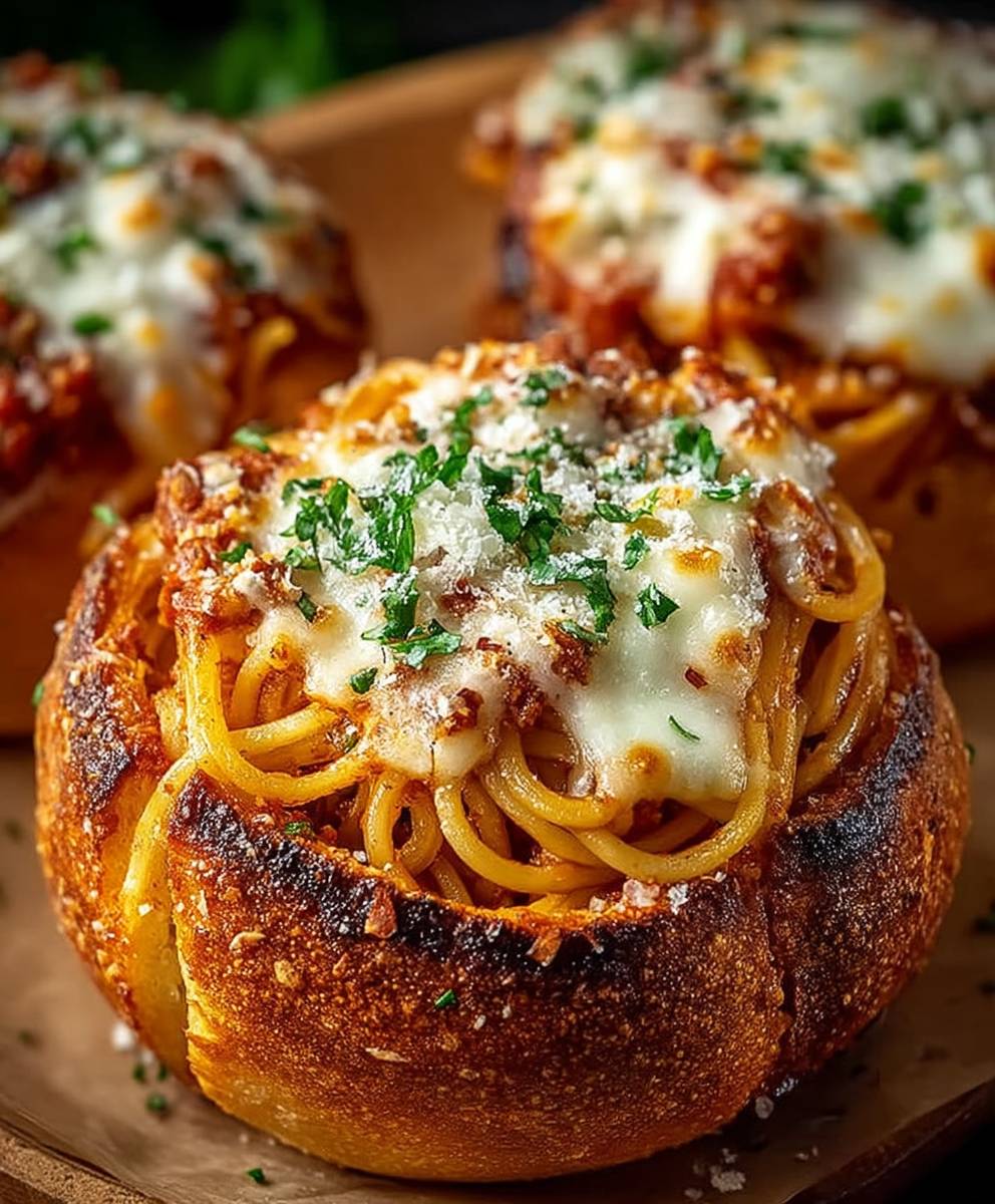 Spaghetti garlic bread bowls