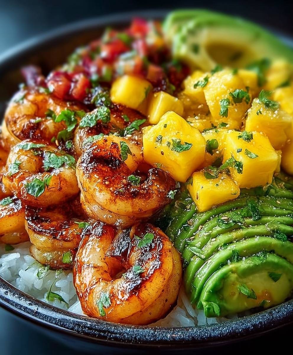Shrimp avocado mango bowl