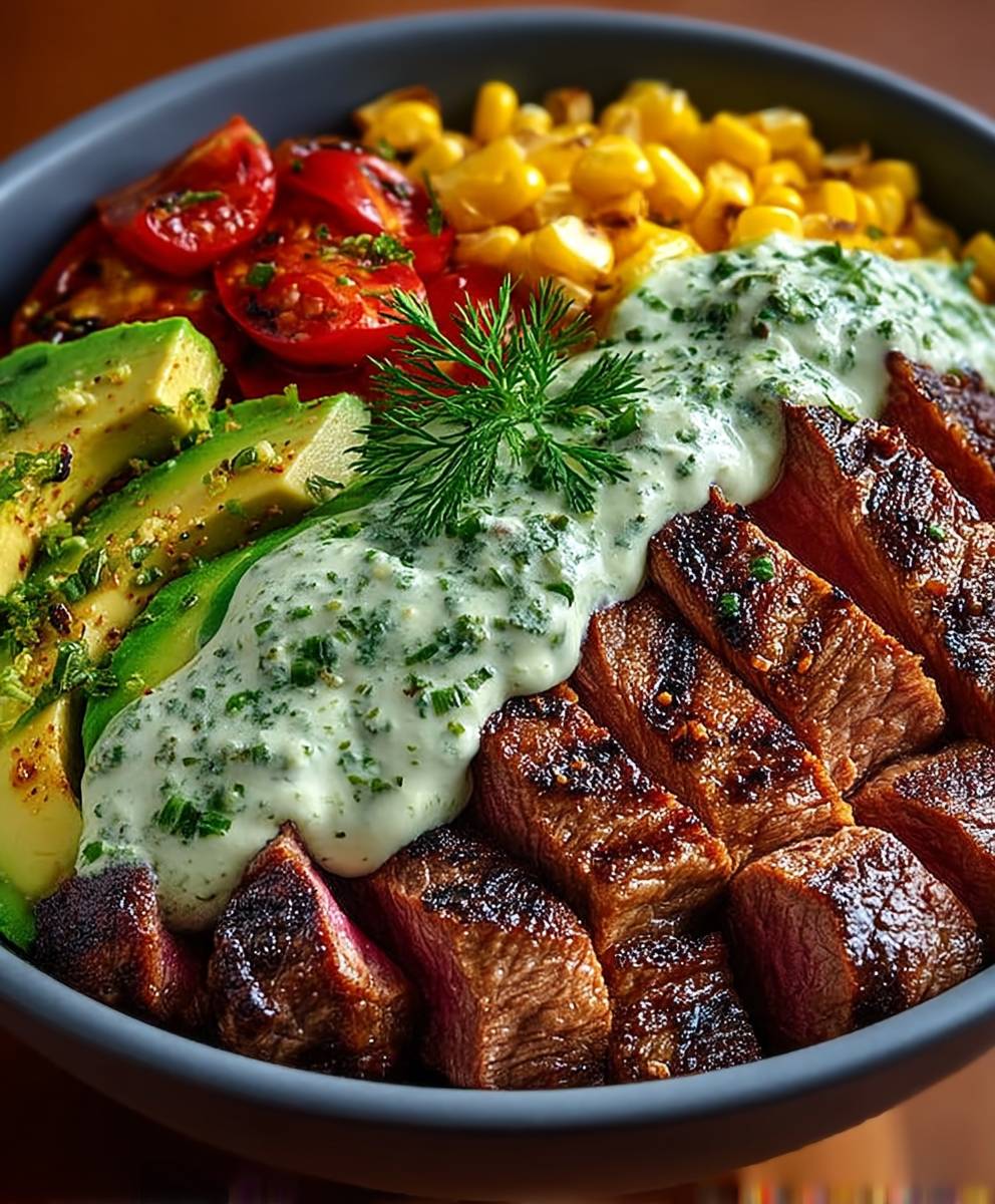 Steak avocado corn bowl