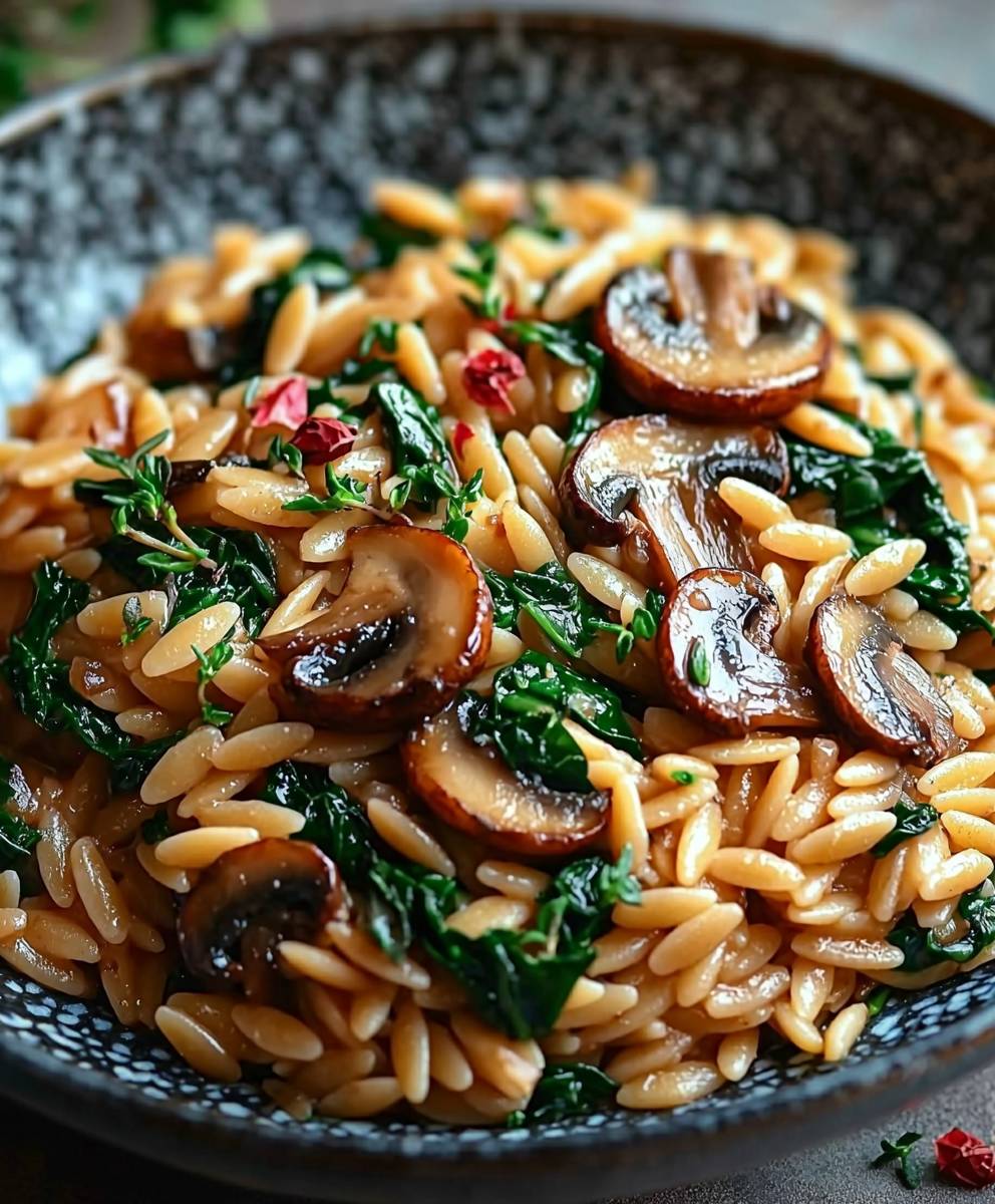 Orzo pasta with mushrooms spinach