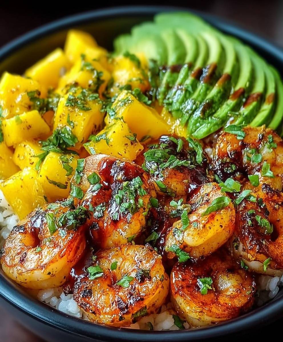 Shrimp avocado mango bowl