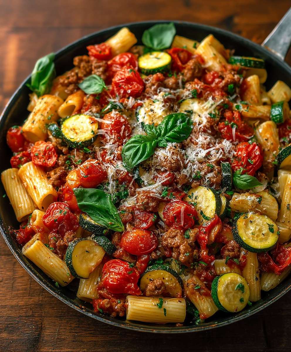 Rigatoni sausage tomato zucchini