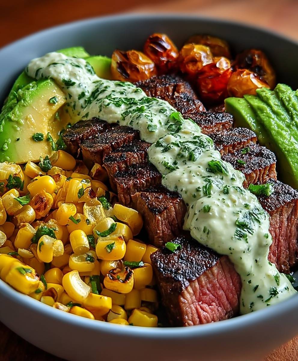 Steak avocado corn bowl