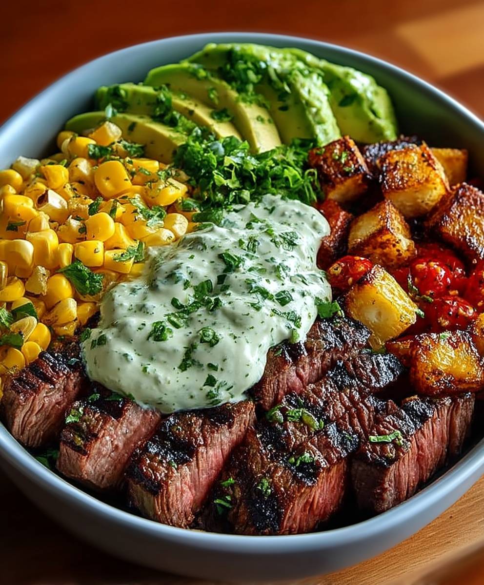 Steak avocado corn bowl