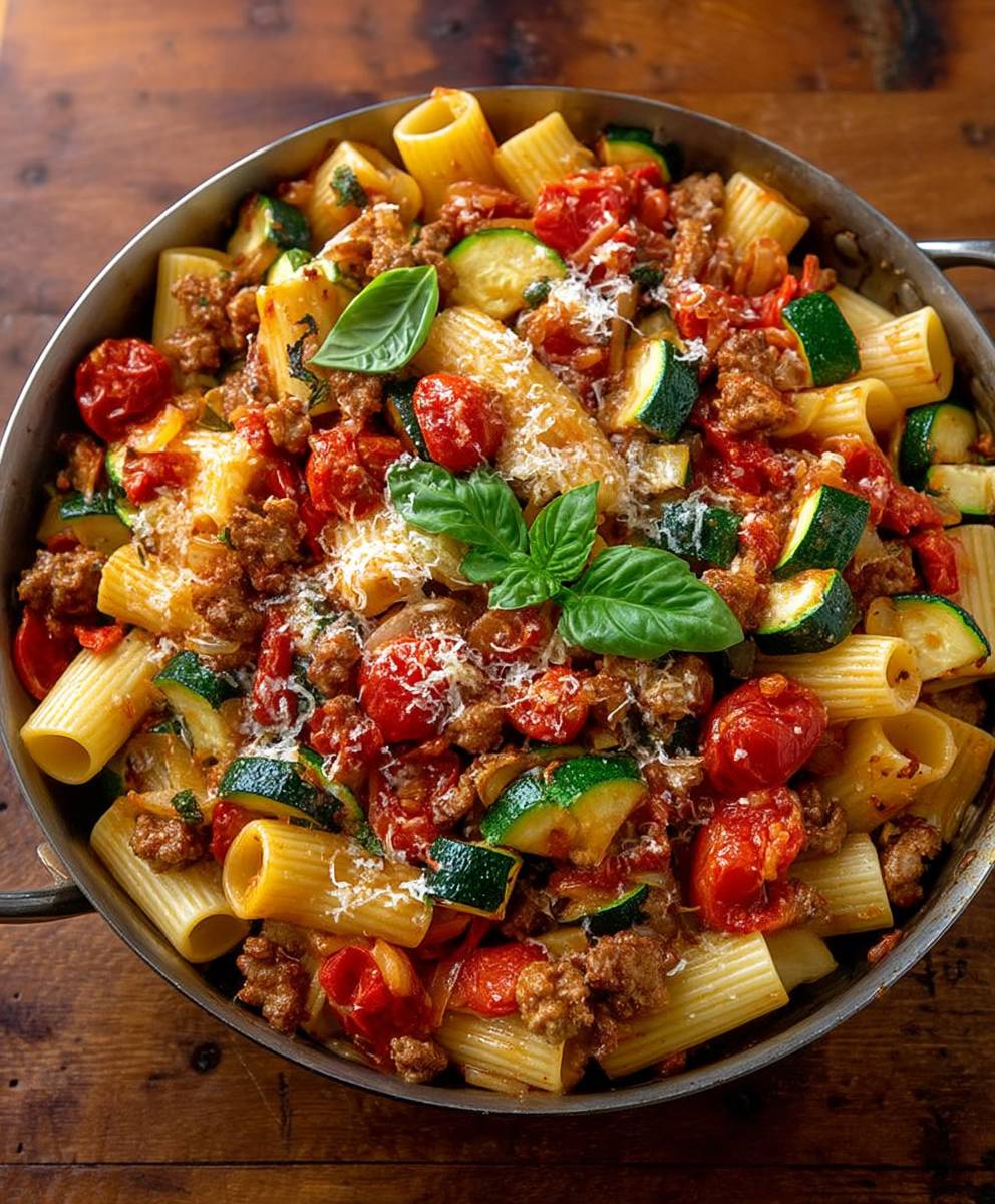 Rigatoni sausage tomato zucchini