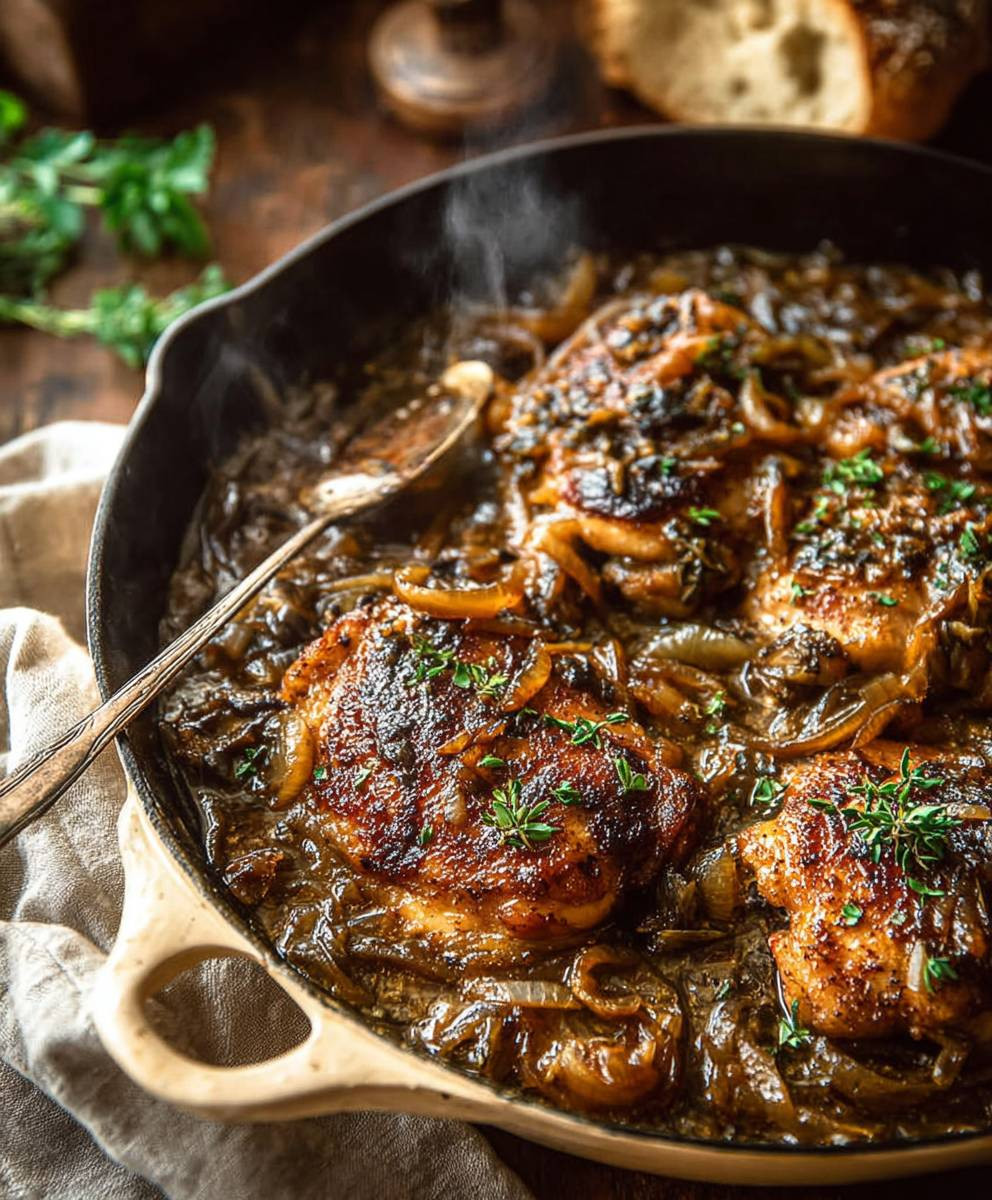 Cider braised chicken caramelized onions