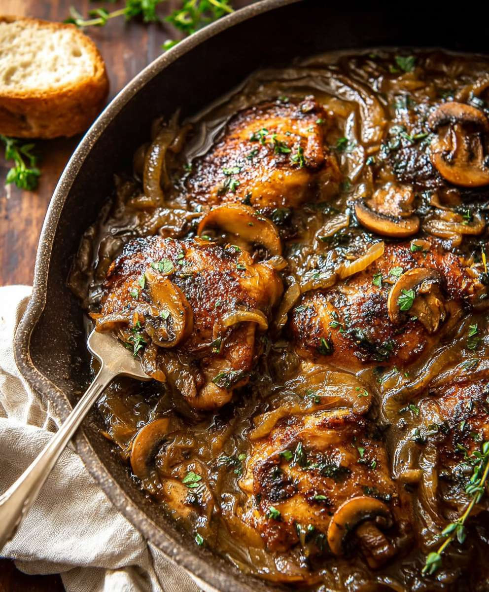 Cider braised chicken caramelized onions