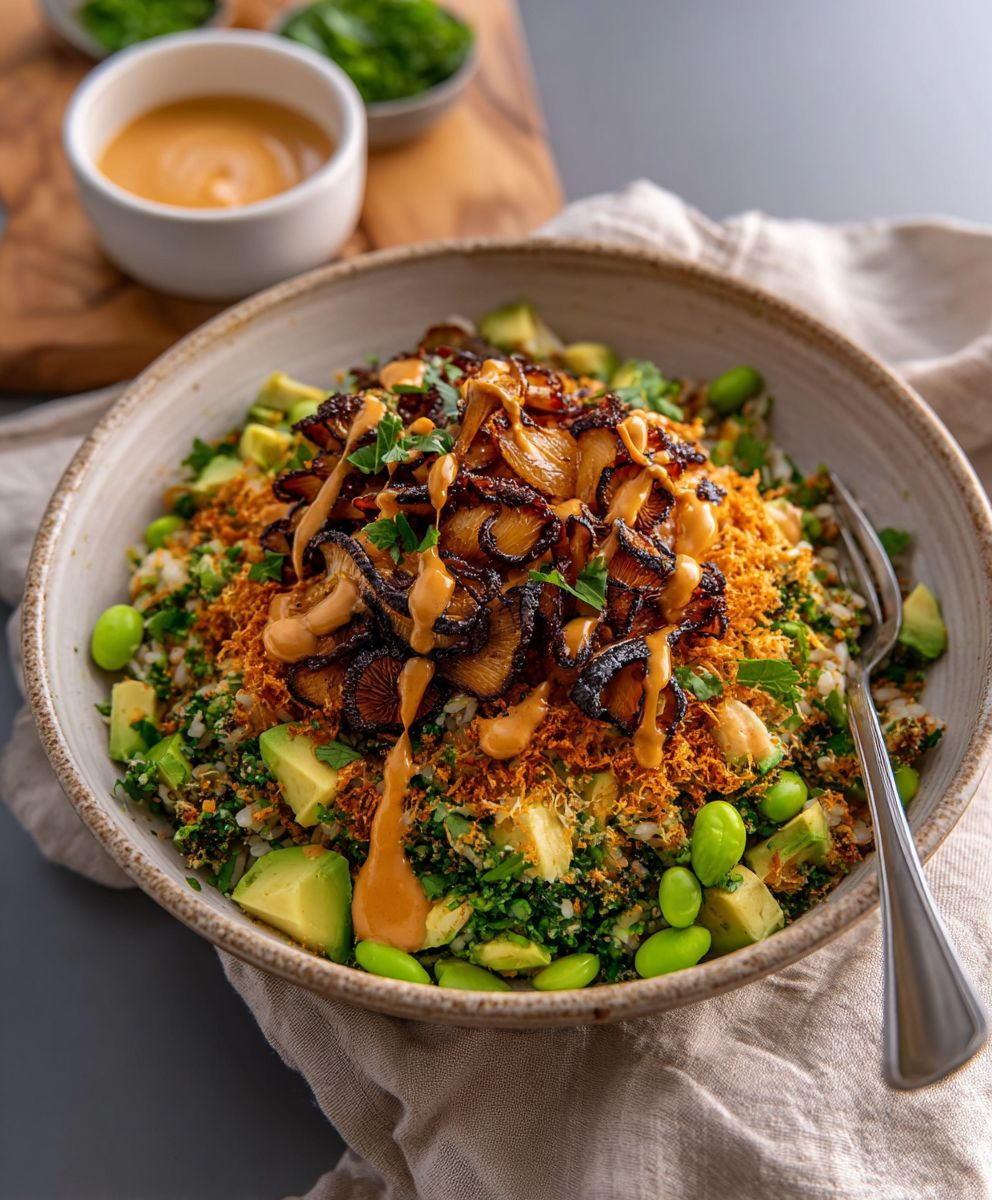 Gochujang mushroom crispy rice salad