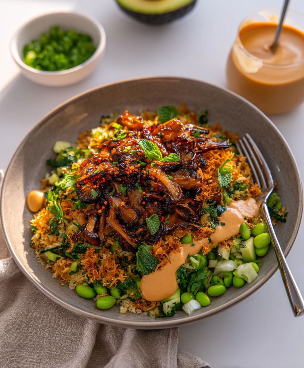 Gochujang mushroom crispy rice salad