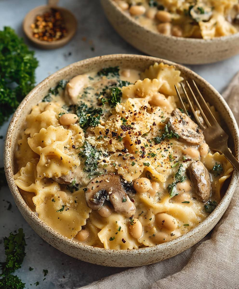 Mushroom white bean pasta