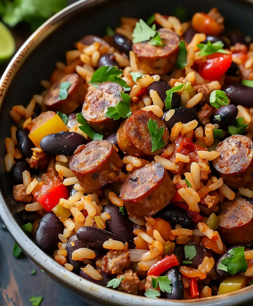 Hearty Black Beans & Rice with Savory Beef Sausage