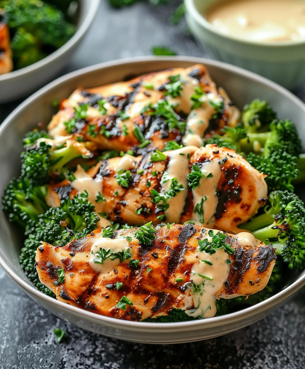 Grilled Chicken Broccoli Bowls with Creamy Garlic Sauce