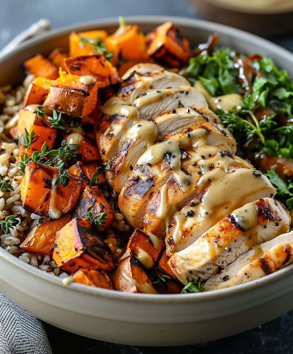 Maple Dijon Chicken & Roasted Sweet Potato Bowls