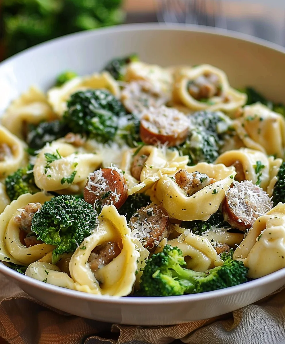 Creamy Garlic Parm Tortellini with Beef Sausage & Broccoli