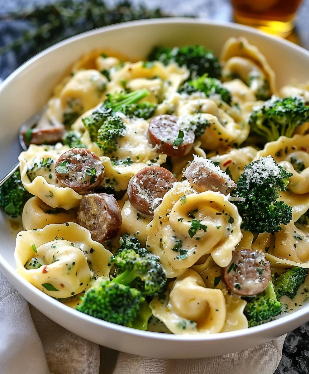 Creamy Garlic Parm Tortellini with Beef Sausage & Broccoli