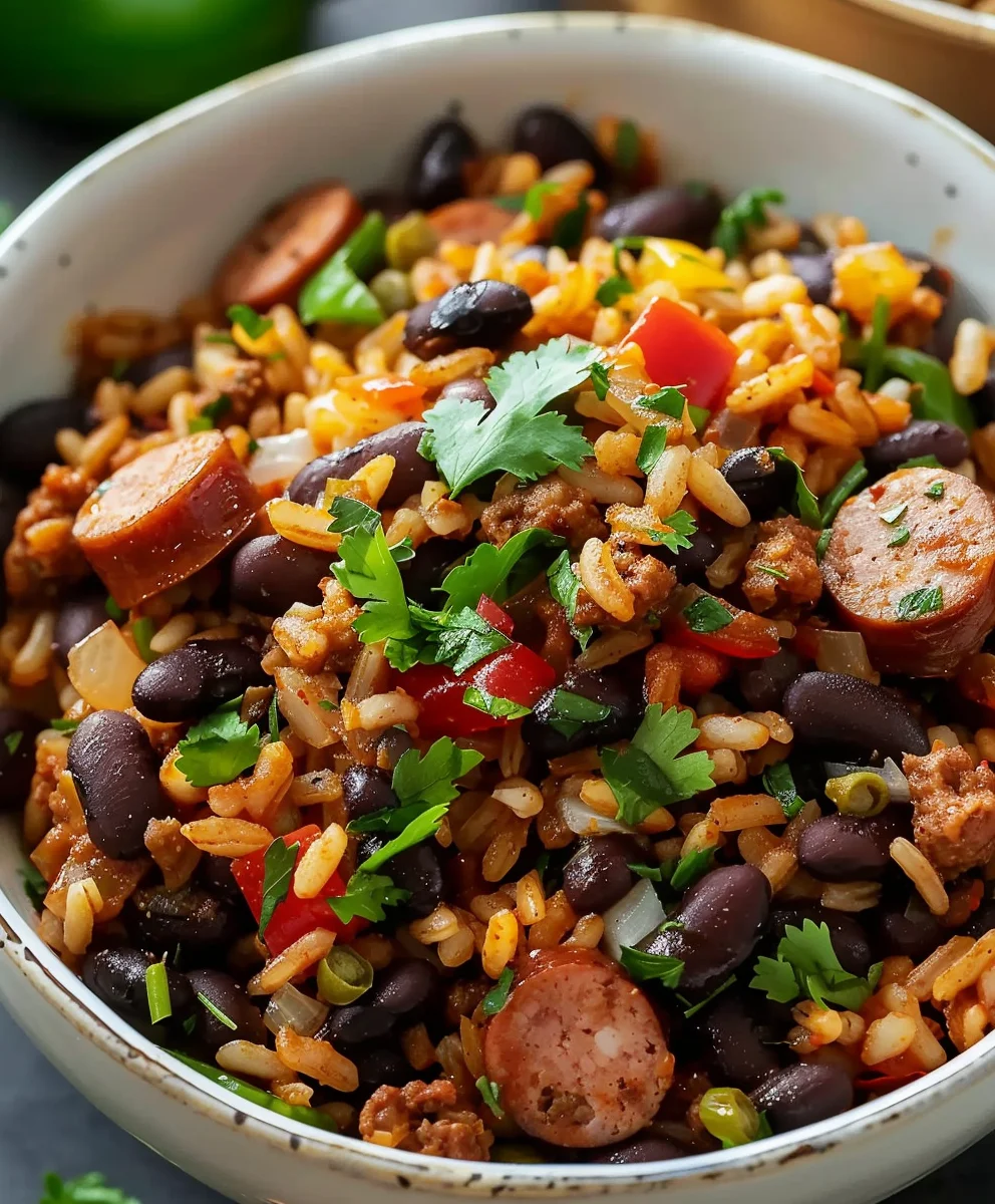 Hearty Black Beans & Rice with Savory Beef Sausage