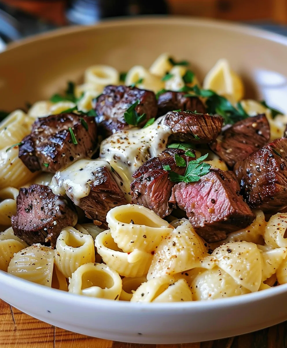 Creamy Steak Bites Pasta Alfredo with Garlic Butter Shells