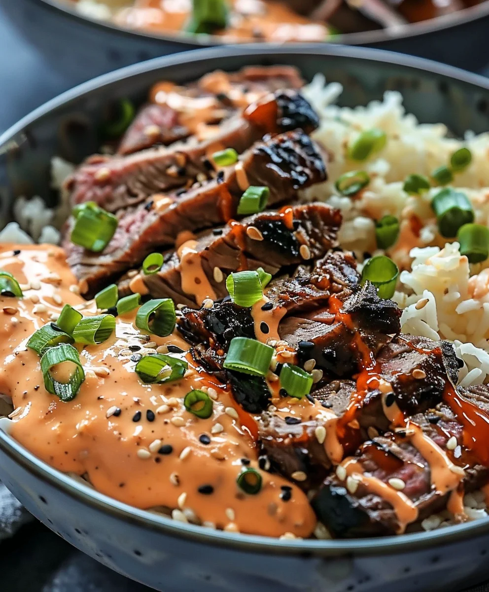 Easy Korean BBQ Steak Rice Bowls + Spicy Cream Sauce Recipe