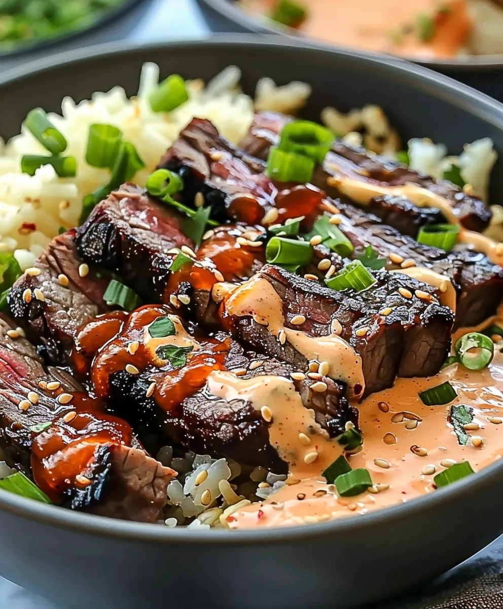 Easy Korean BBQ Steak Rice Bowls + Spicy Cream Sauce Recipe