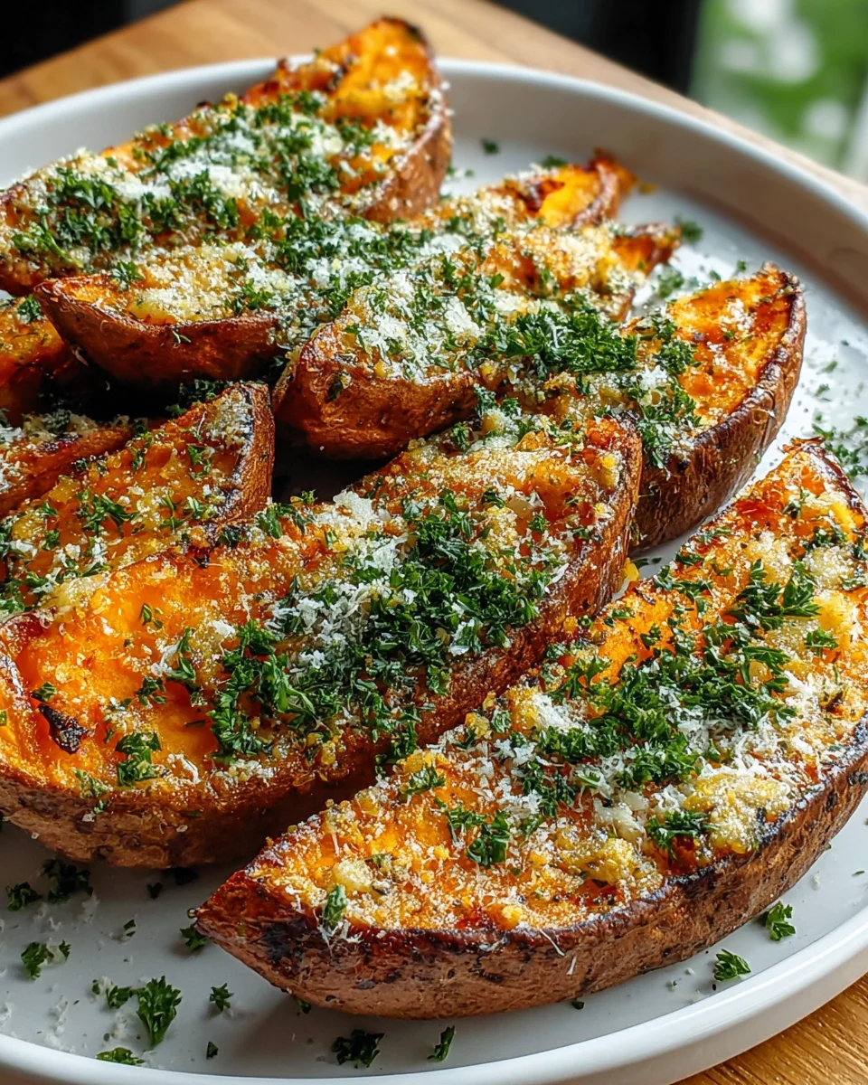Garlic Parmesan Sweet Potato Wedges: Healthy Snack!