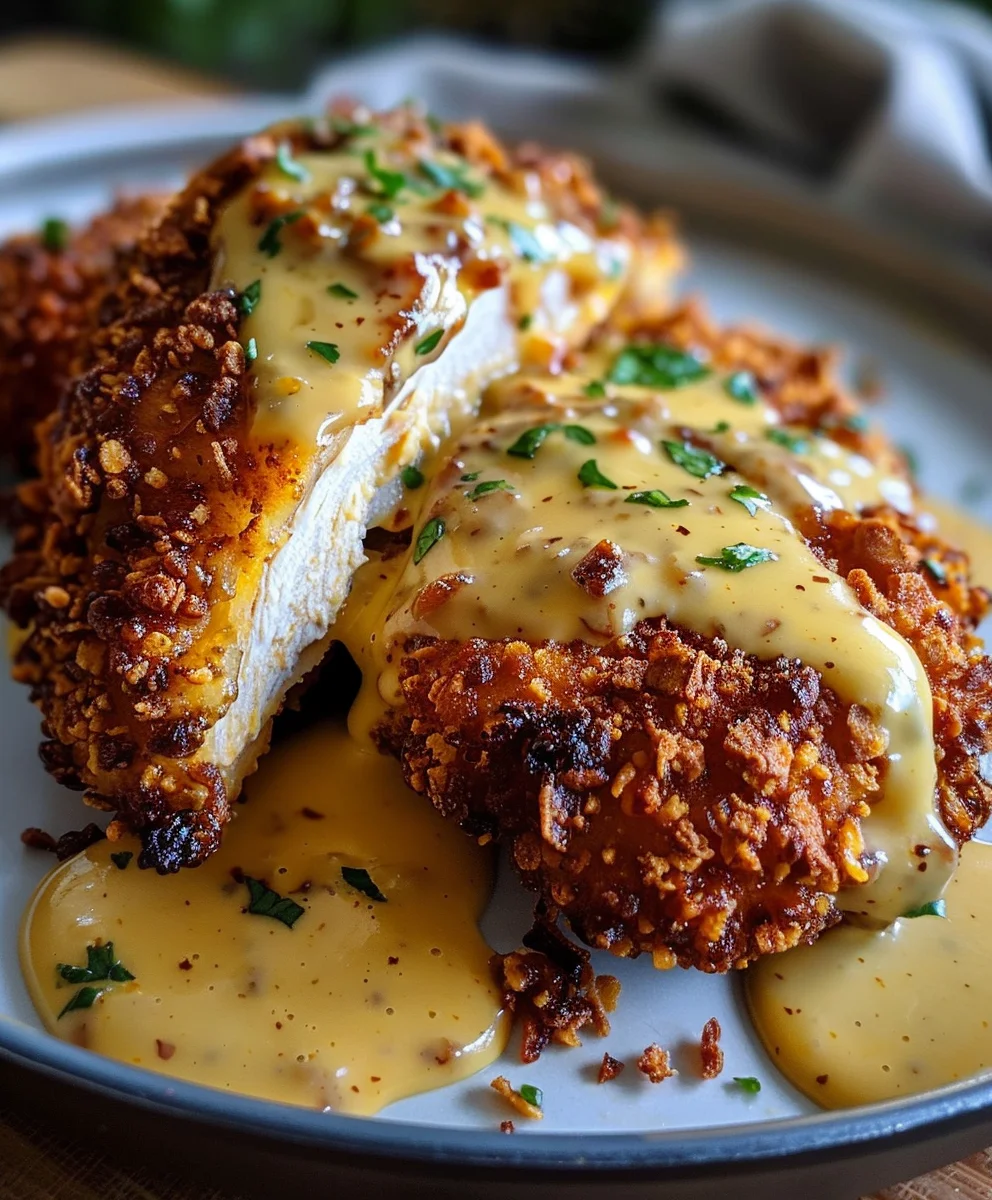 Crispy Pretzel Chicken & Creamy Mustard Cheddar Sauce
