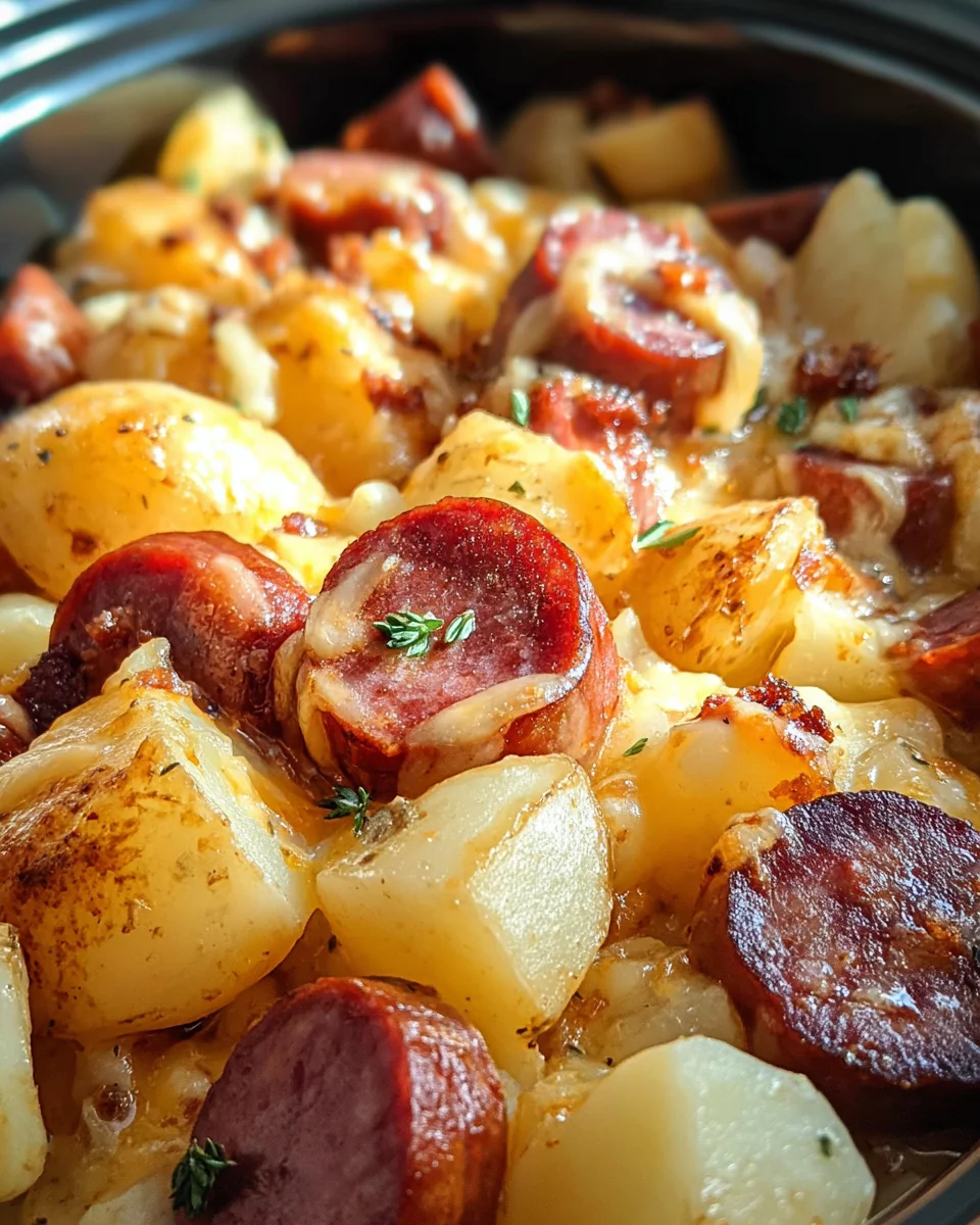 Hearty Crockpot Cheesy Potatoes & Savory Beef Kielbasa
