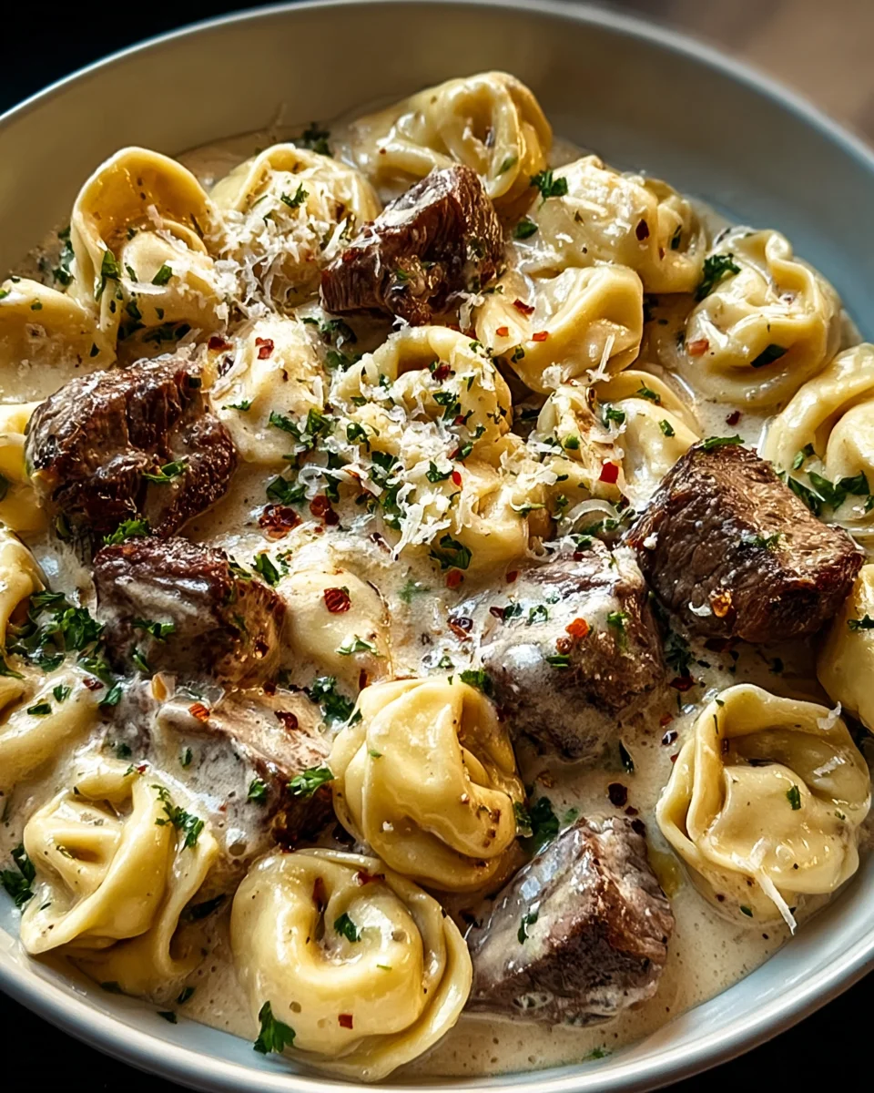 Delicious Cracked Garlic Steak Tortellini in Creamy Sauce