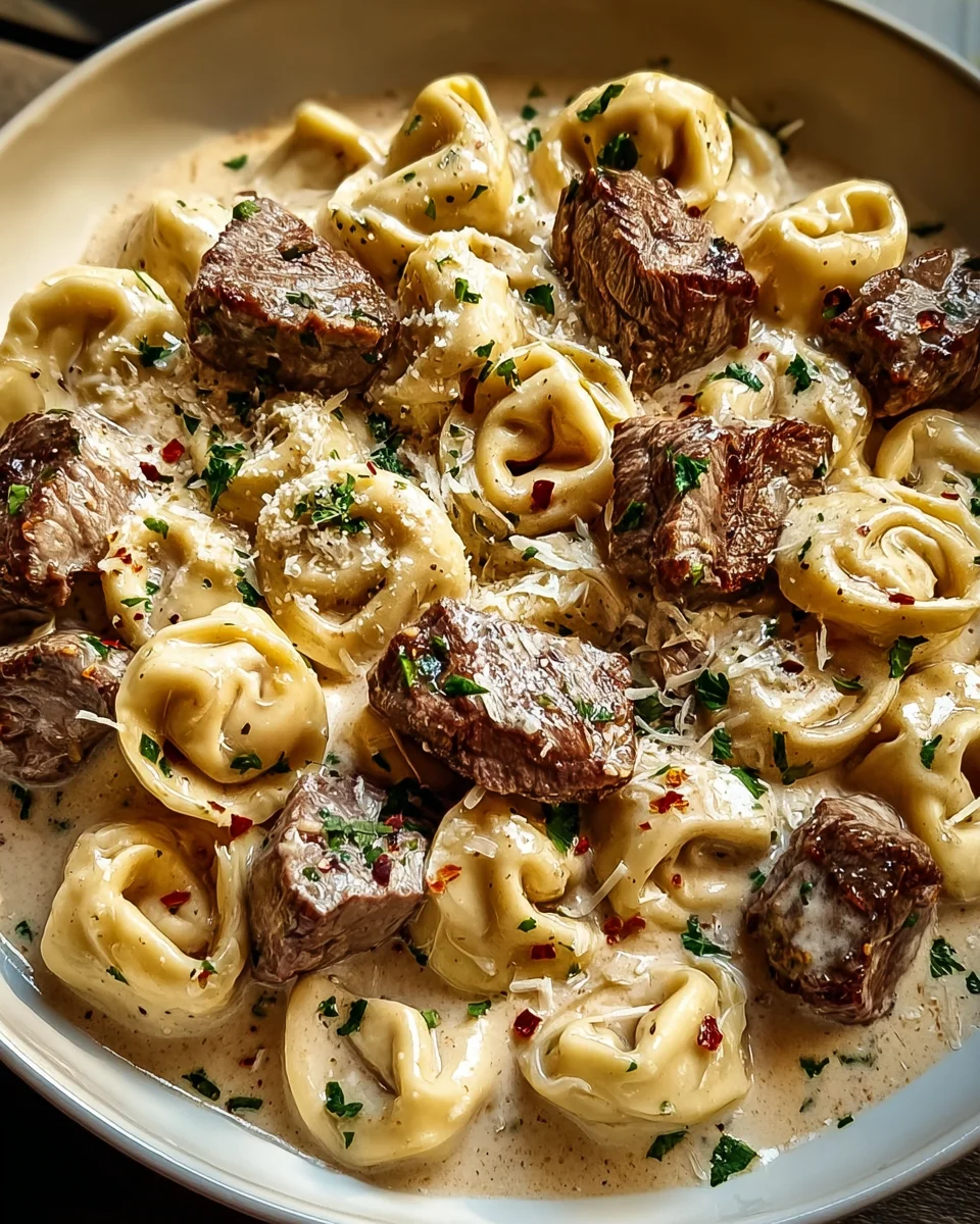 Delicious Cracked Garlic Steak Tortellini in Creamy Sauce