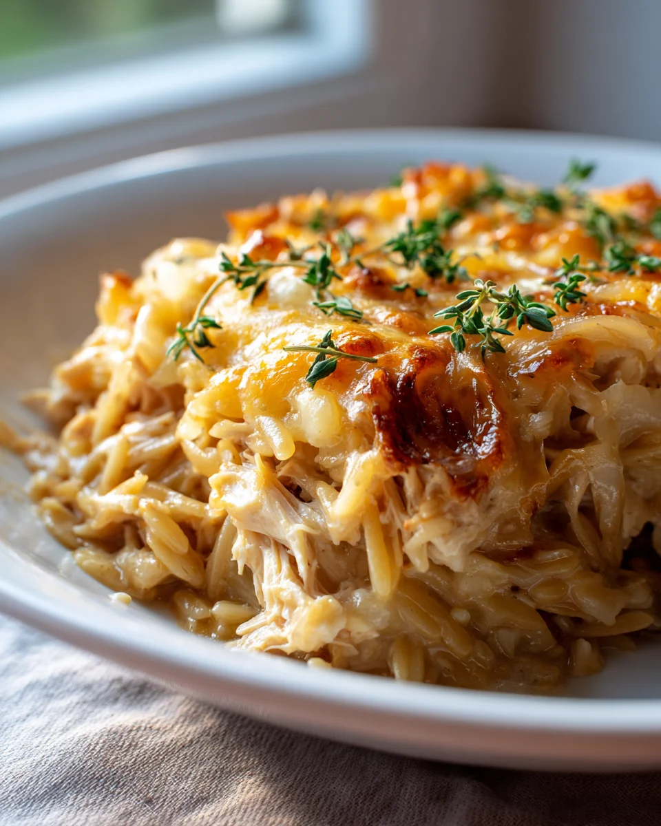 French Onion Chicken Orzo Casserole: Comforting & Cheesy