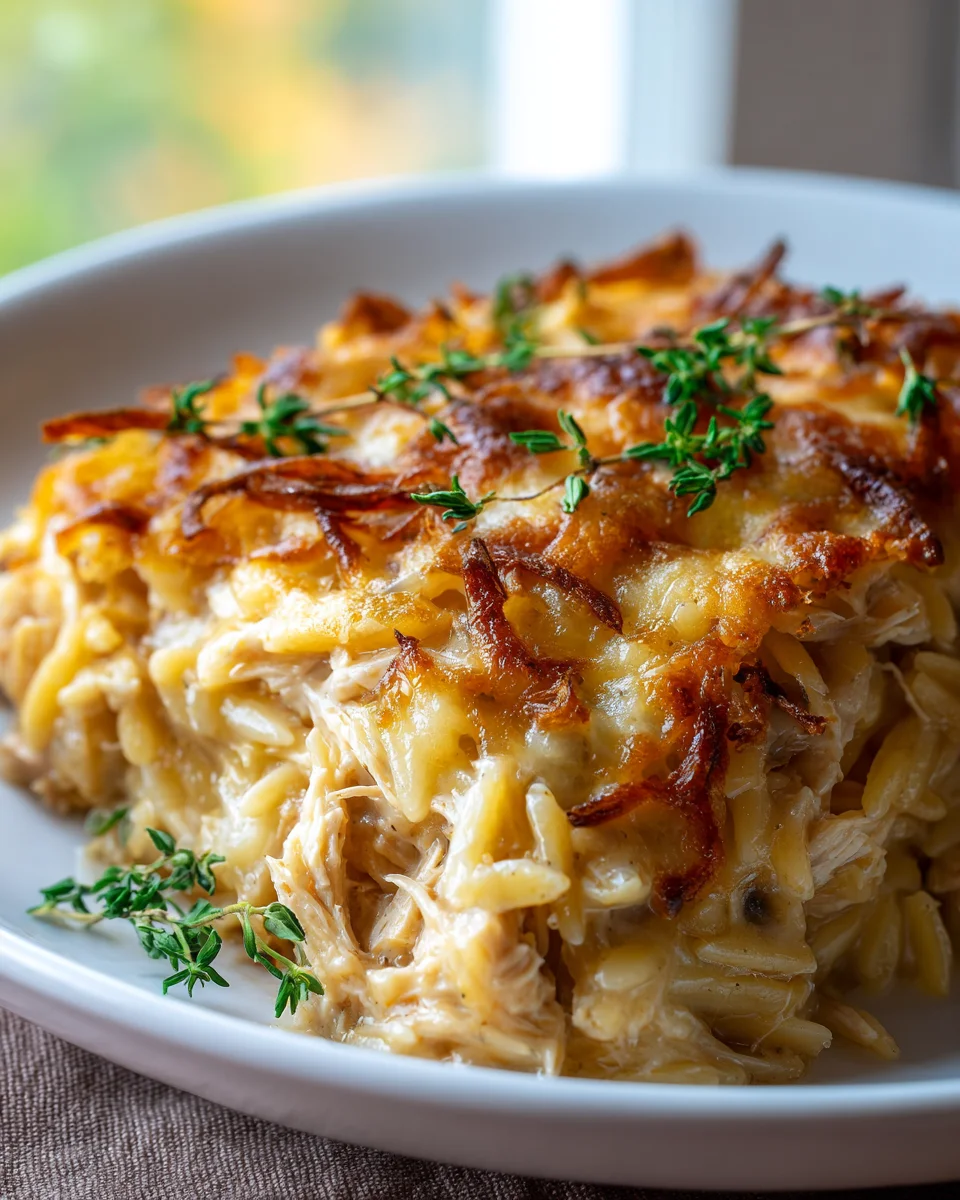French Onion Chicken Orzo Casserole: Comforting & Cheesy