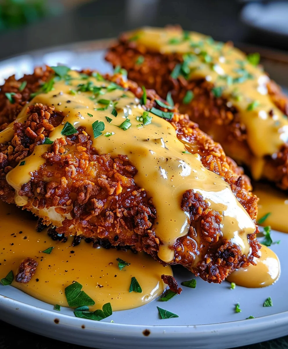 Crispy Pretzel Chicken & Creamy Mustard Cheddar Sauce