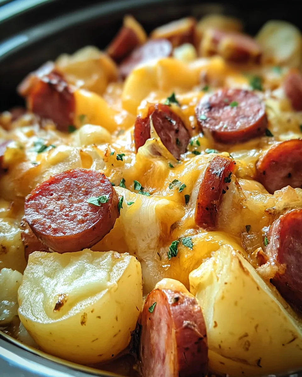 Hearty Crockpot Cheesy Potatoes & Savory Beef Kielbasa