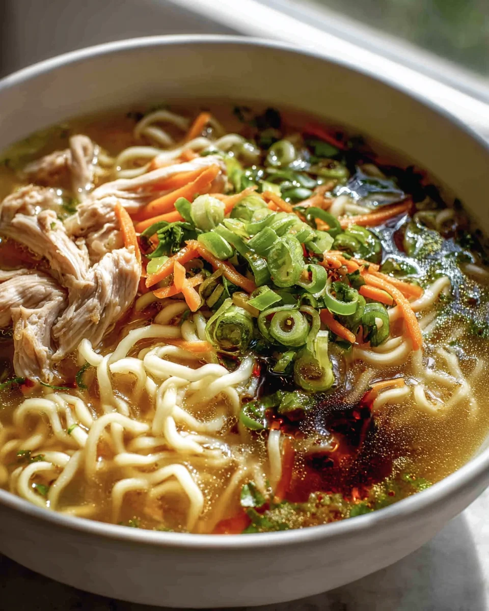 Aromatic Garlic Chicken Noodle Soup with Gin Extract Flavor