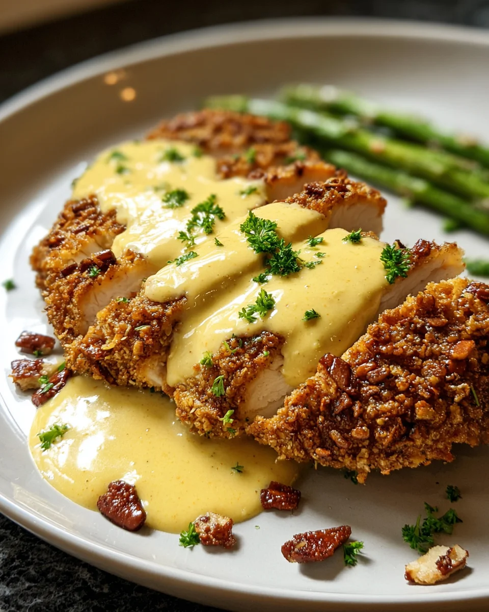 Crispy Pretzel Crusted Chicken with Cheesy Mustard Sauce