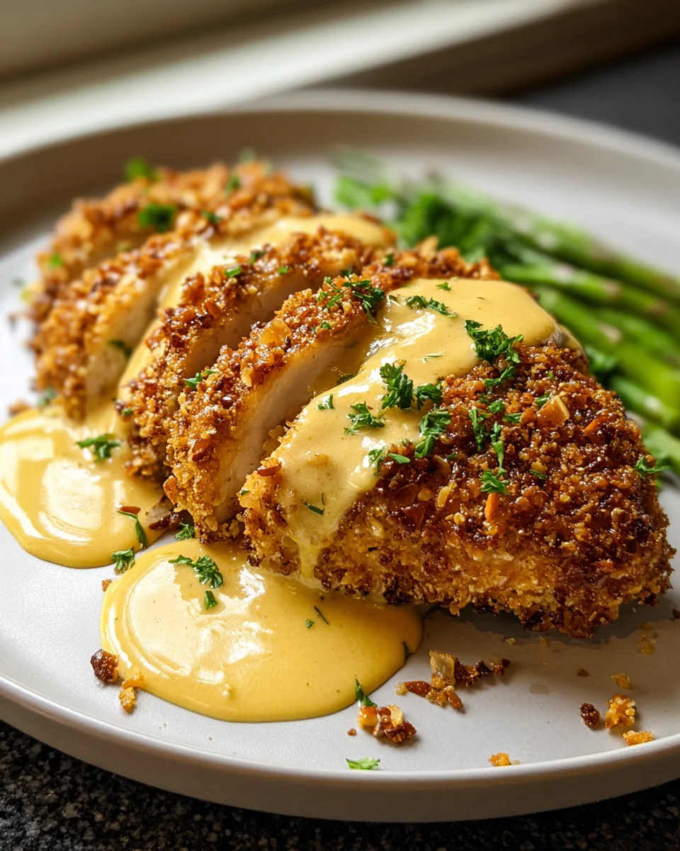 Crispy Pretzel Crusted Chicken with Cheesy Mustard Sauce