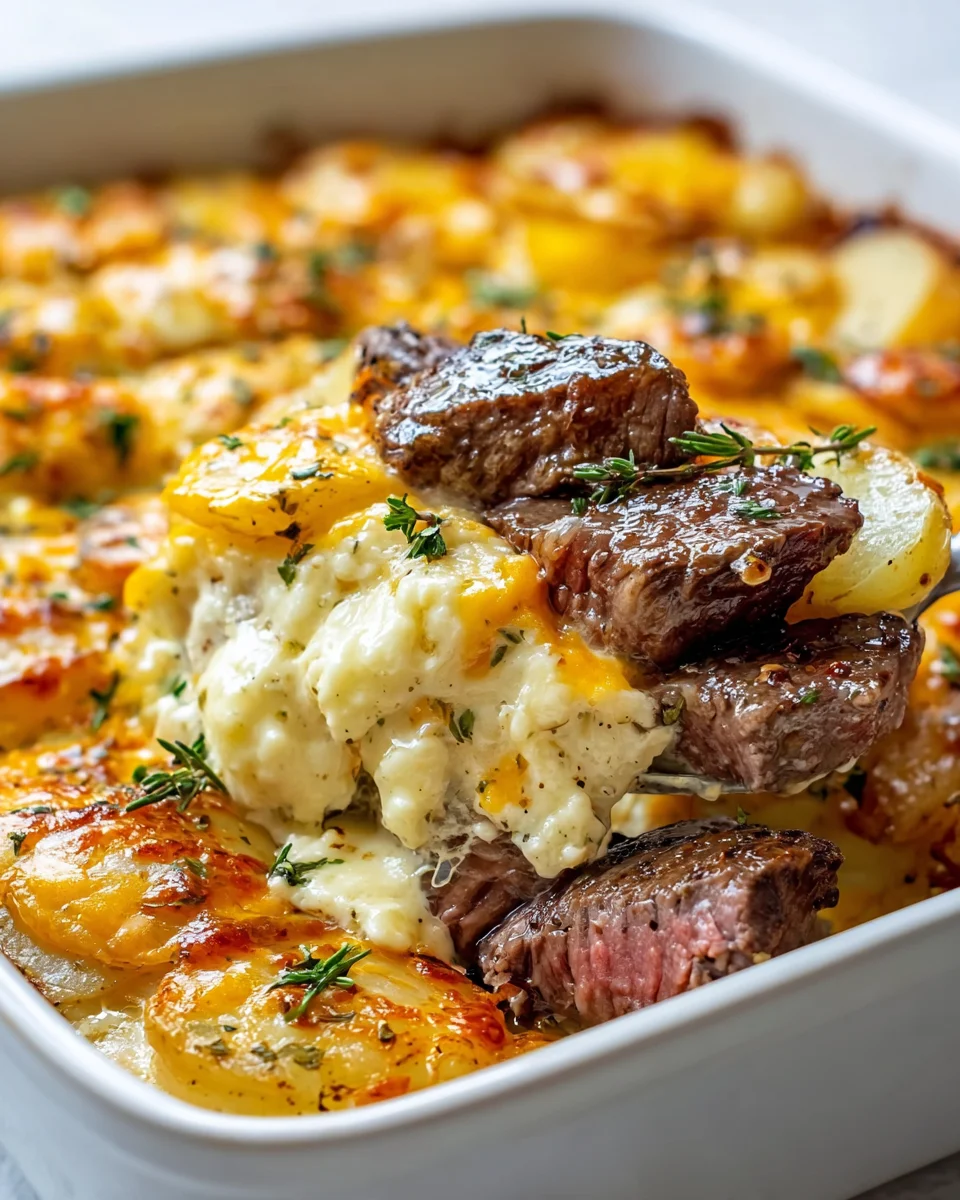 Irresistible Garlic Butter Steak & Cheddar Potato Bake