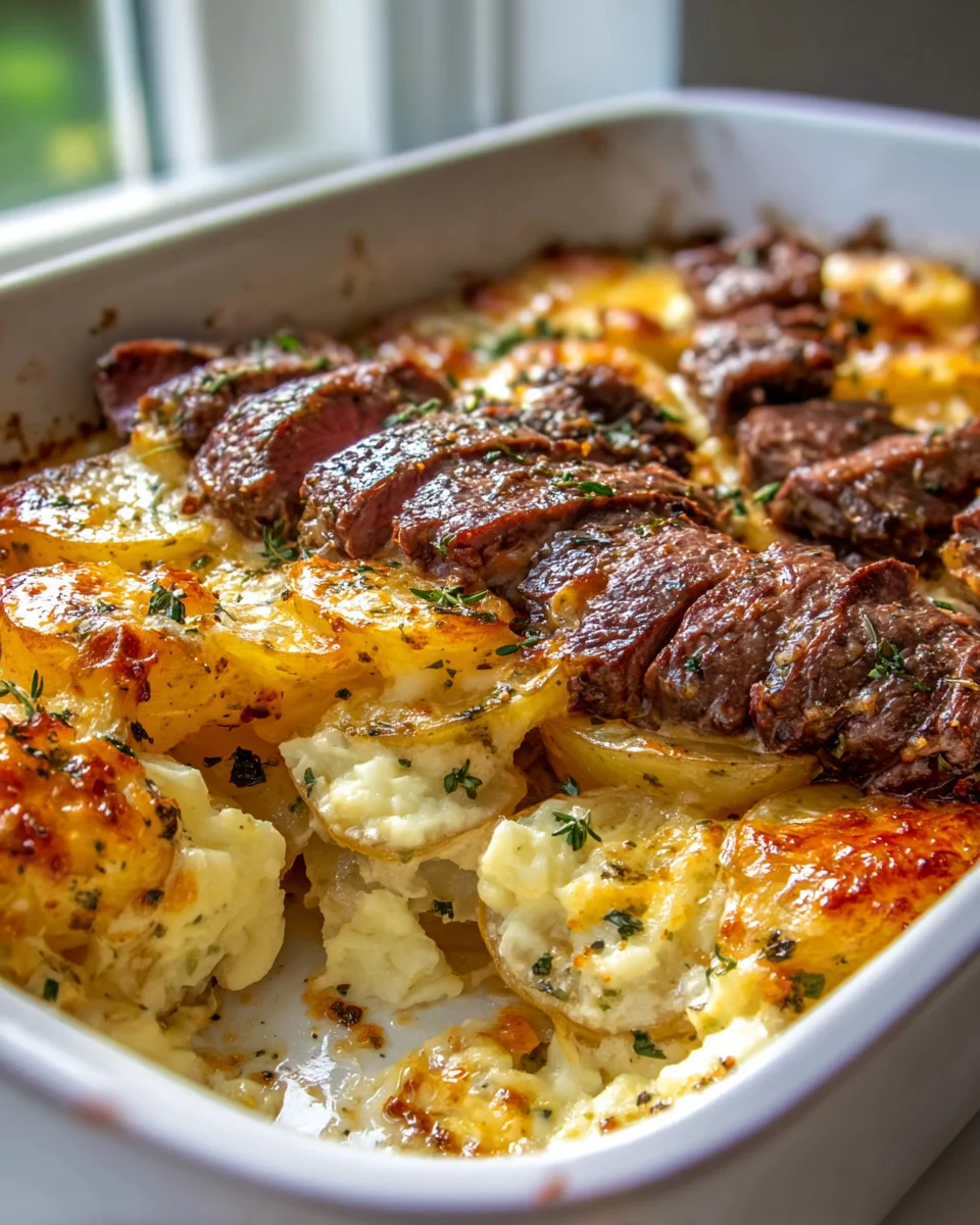 Irresistible Garlic Butter Steak & Cheddar Potato Bake
