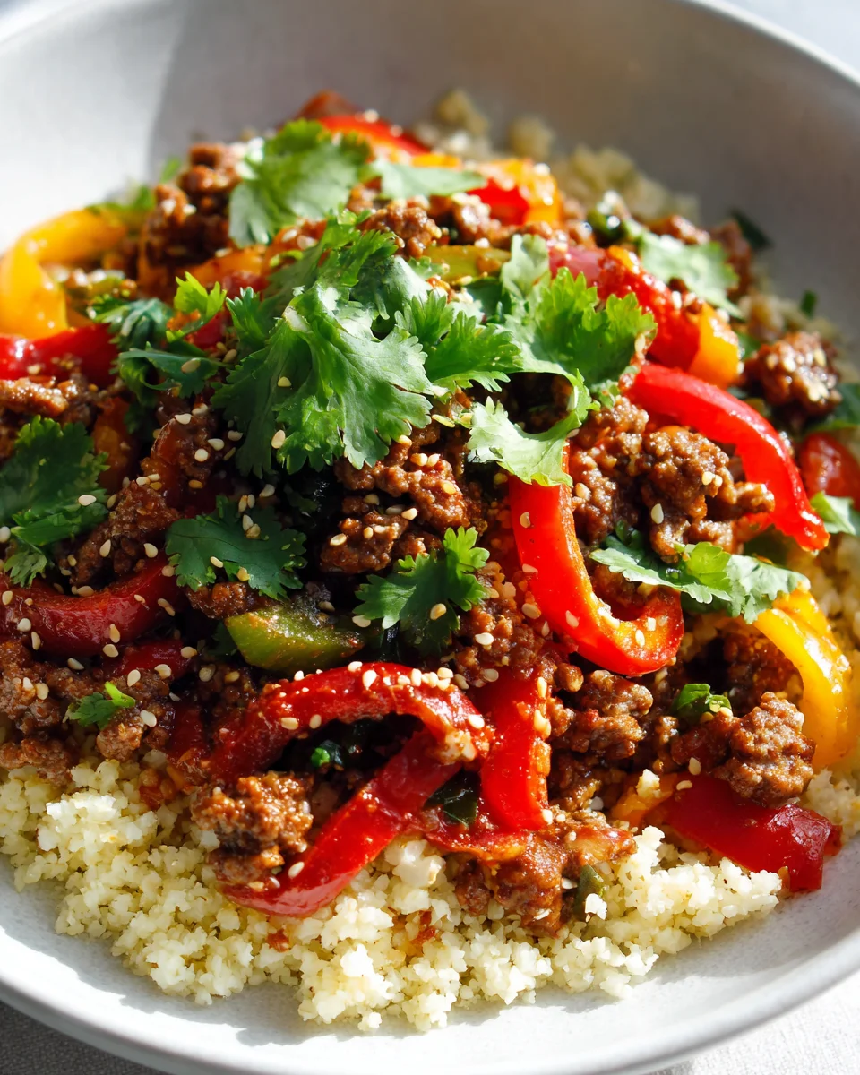 Delicious Low Carb Beef & Pepper Cauliflower Rice Bowl