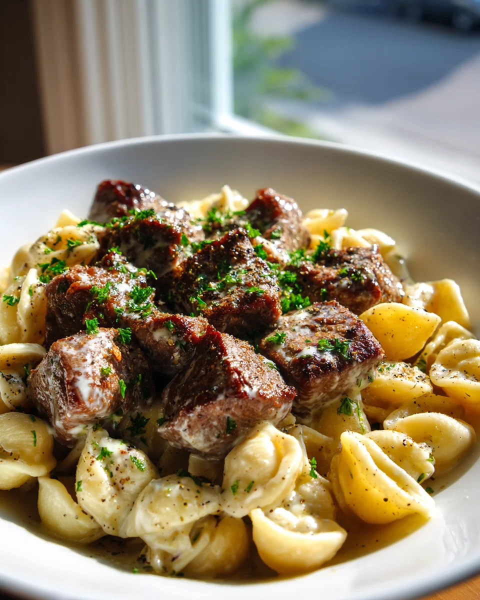 Delicious Steak Bites & Pasta in Garlic Butter Alfredo