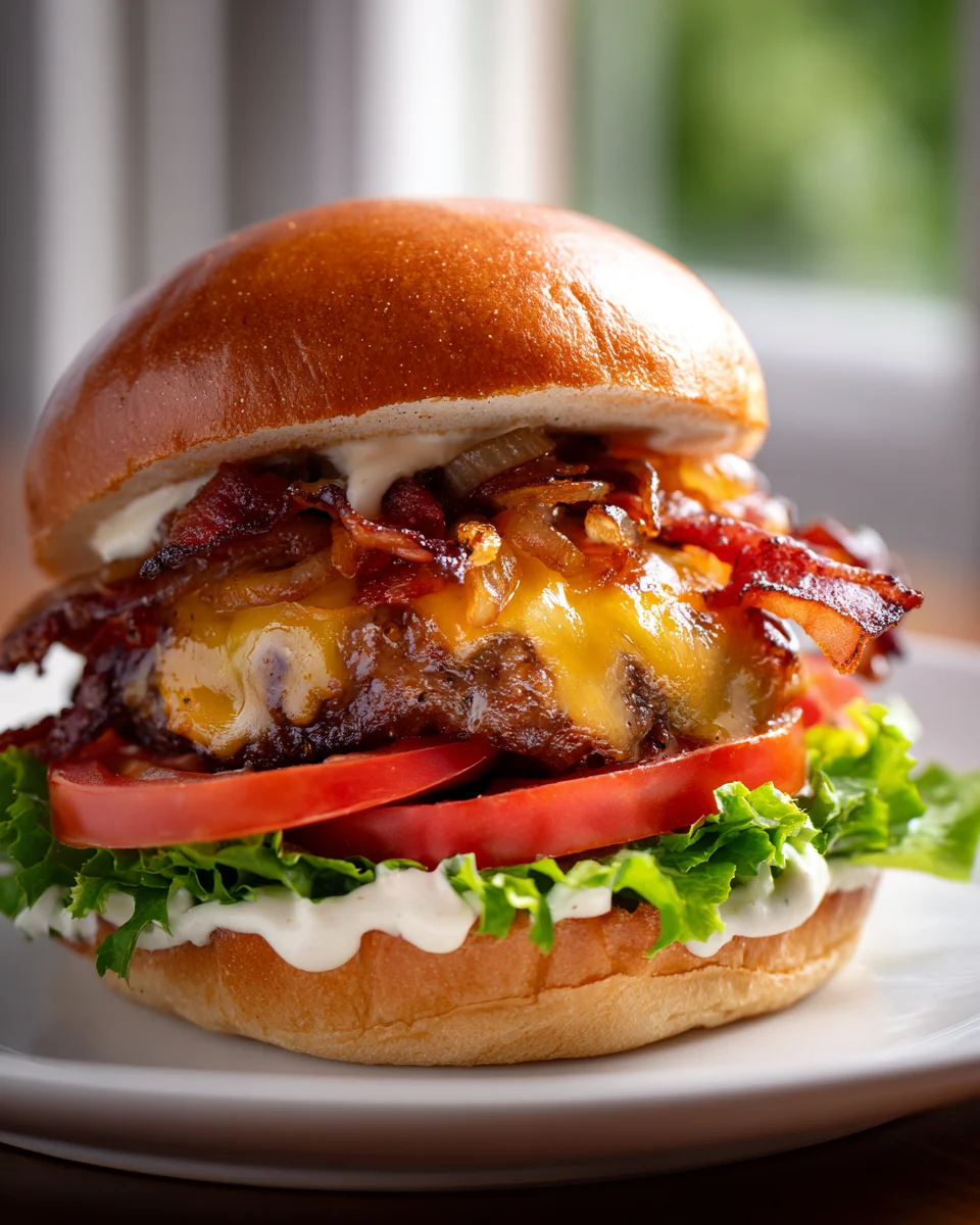 Ultimate Beef Bacon Cheeseburgers with Caramelized Onions