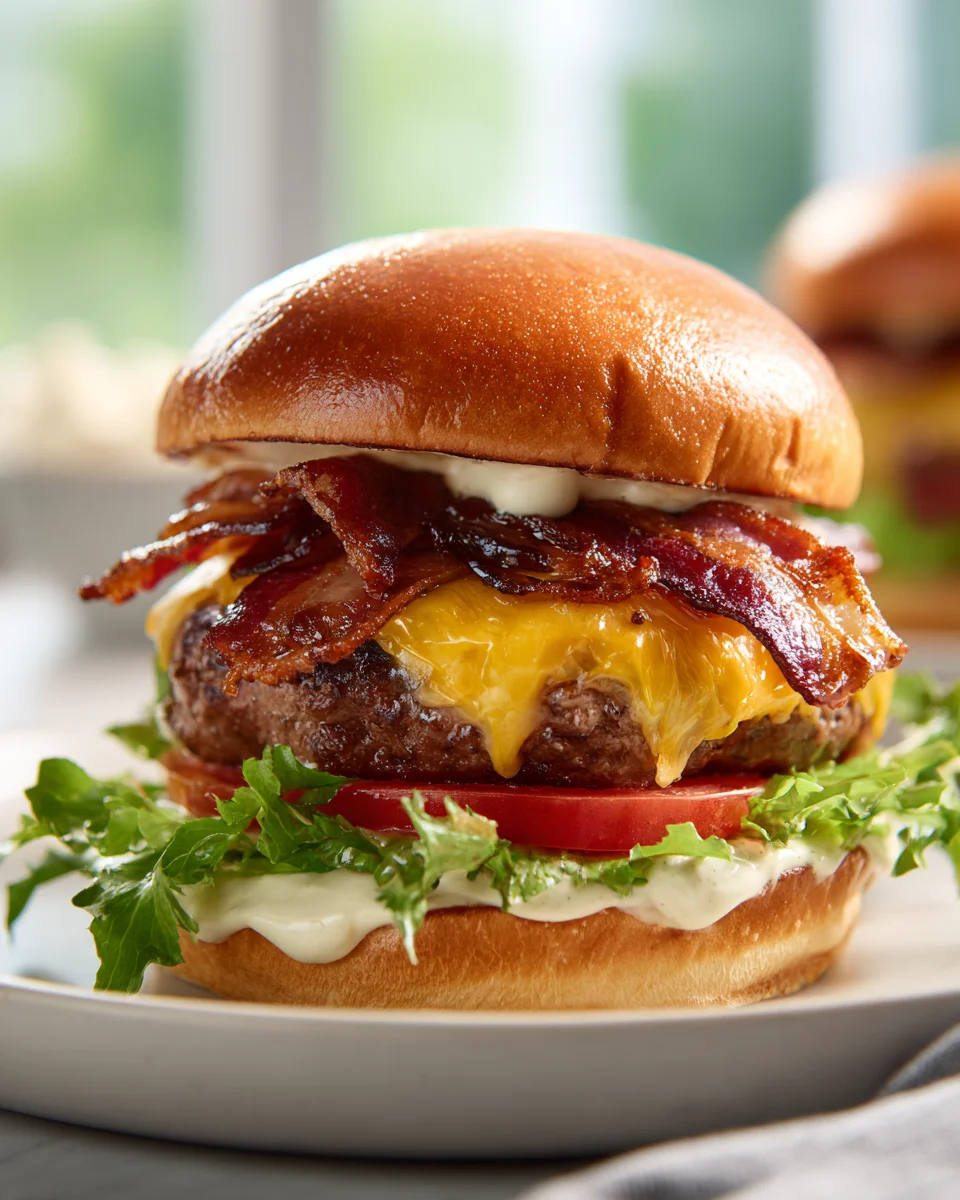 Ultimate Beef Bacon Cheeseburgers with Caramelized Onions