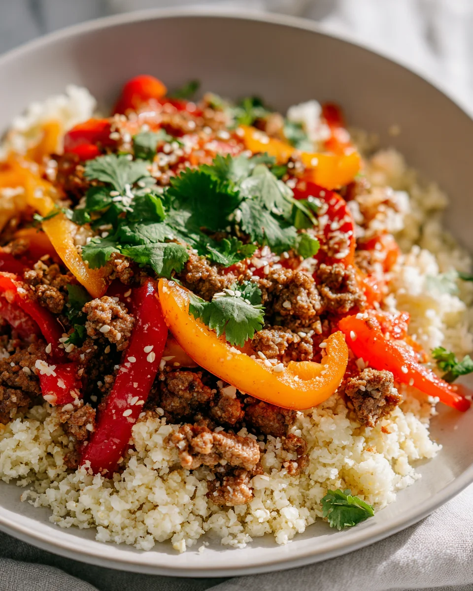 Delicious Low Carb Beef & Pepper Cauliflower Rice Bowl