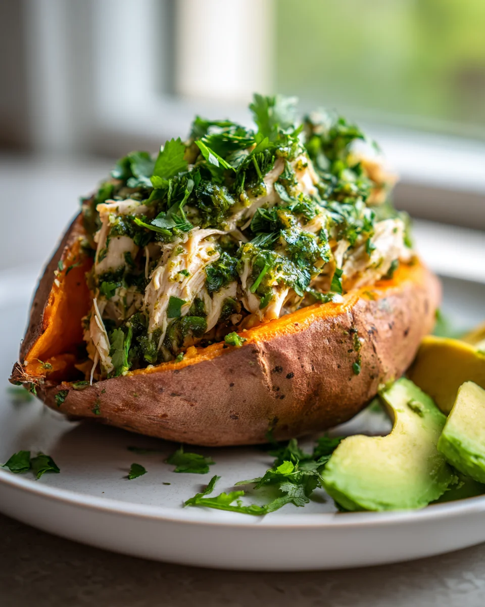 Savory Salsa Verde Chicken Stuffed Sweet Potatoes Recipe
