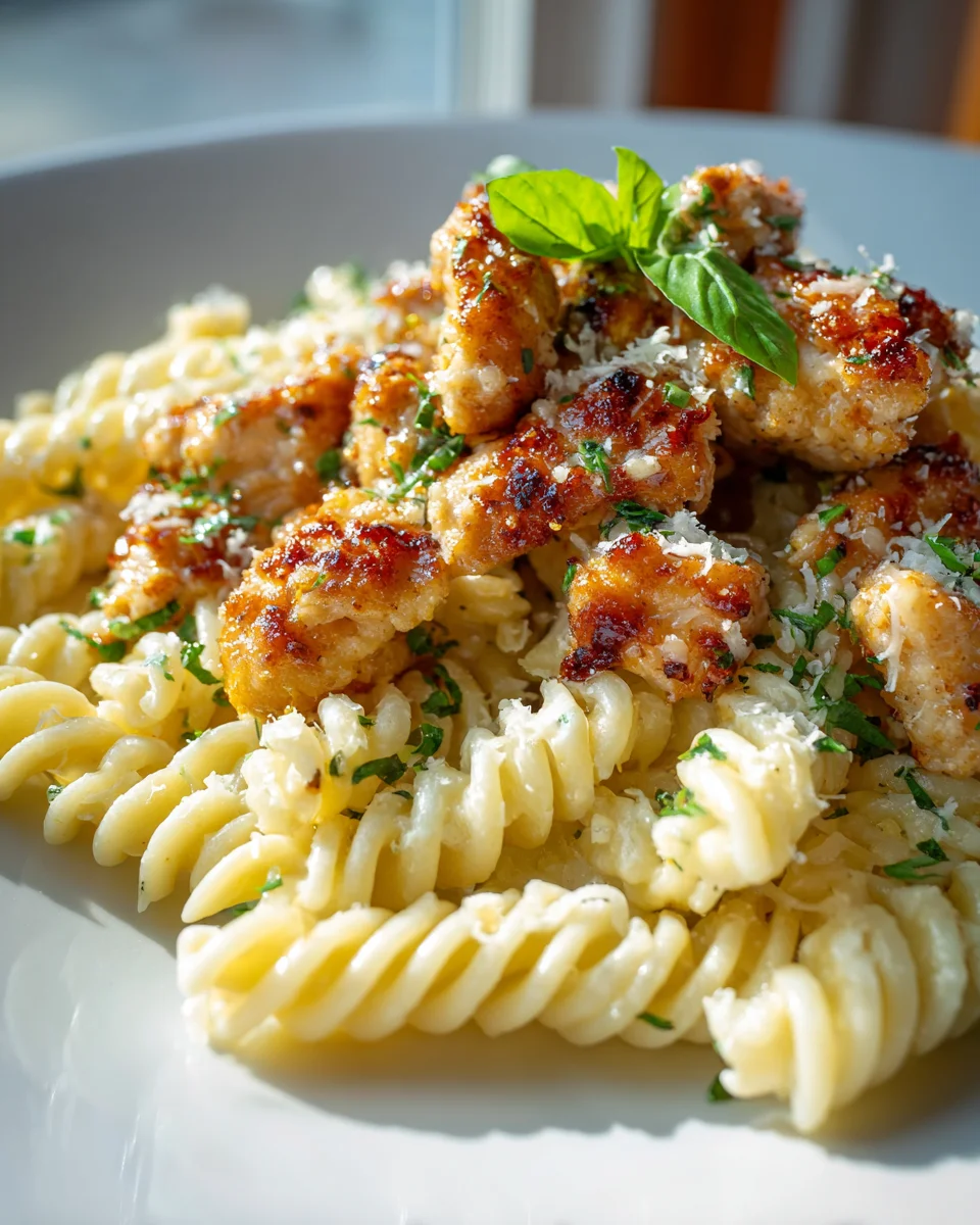 Delicious Garlic Parmesan Chicken Bites & Creamy Rotini