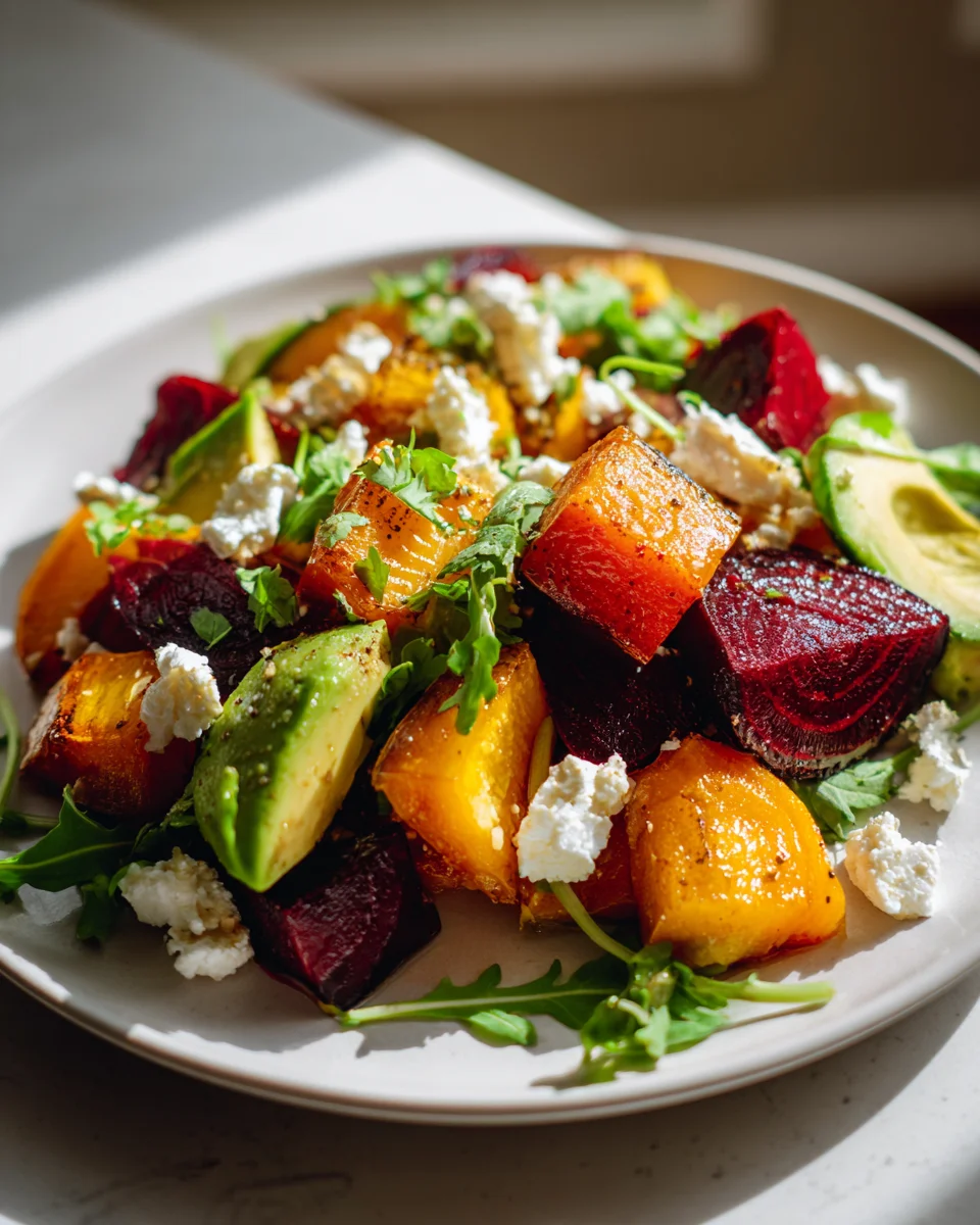 Delicious Warm Roasted Beet, Sweet Potato & Goat Cheese Salad