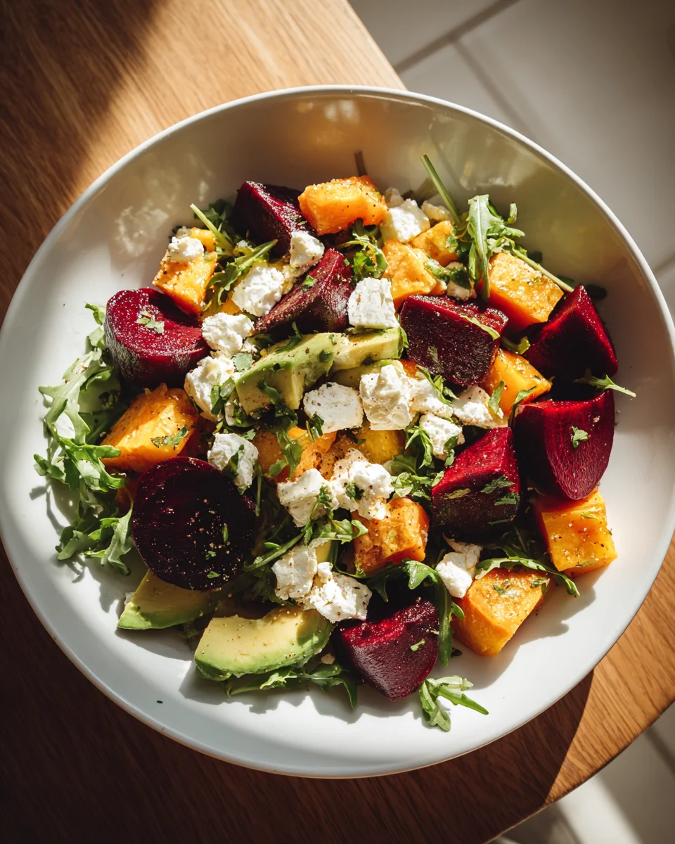 Delicious Warm Roasted Beet, Sweet Potato & Goat Cheese Salad