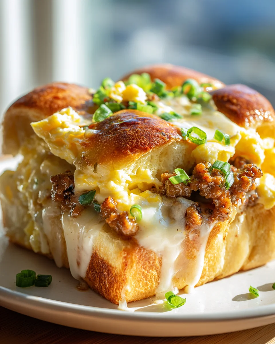 Best Hawaiian Roll Breakfast Bake with Eggs & Beef Sausage