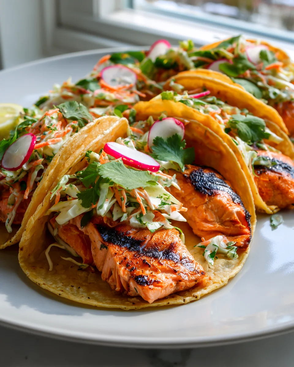 Grilled Salmon Tacos: Zesty Lemon Vinaigrette Slaw