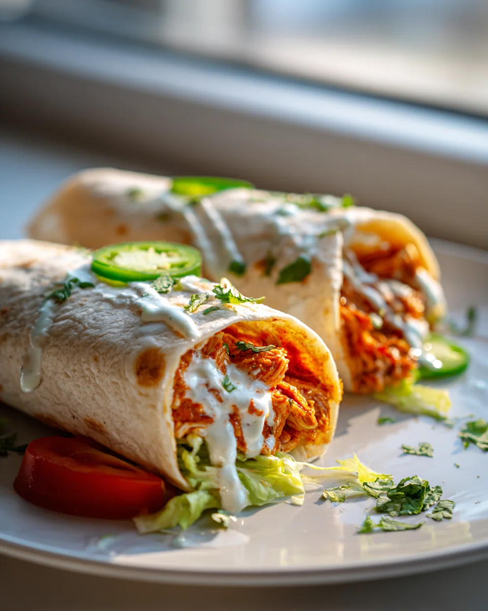 Spicy Buffalo Chicken Burritos with Cool Ranch Drizzle